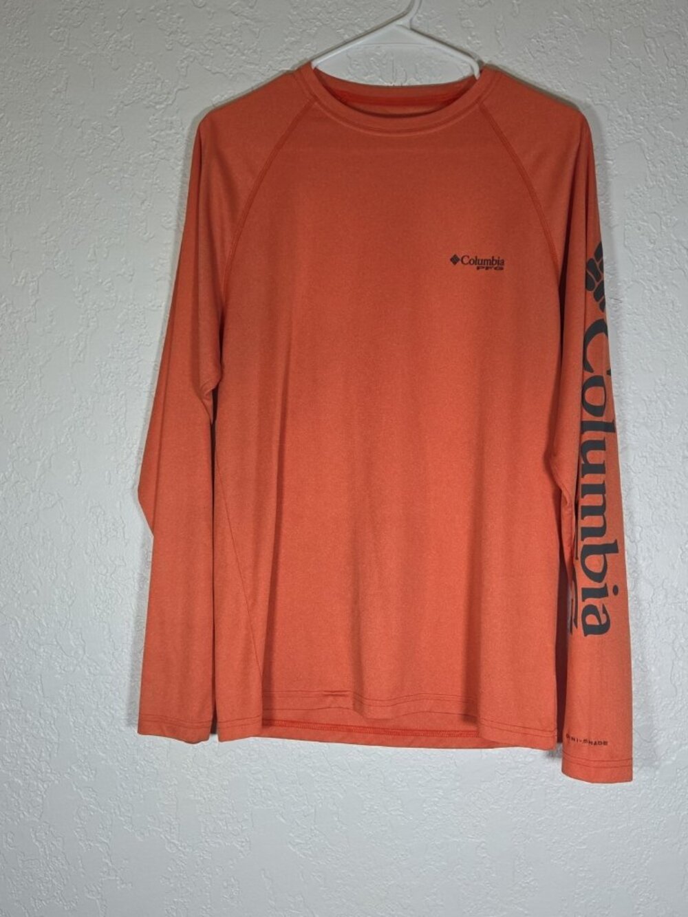 Columbia PFG Omni-Shade Shirt Mens Small Orange Long Sleeve Fishing Sun Top